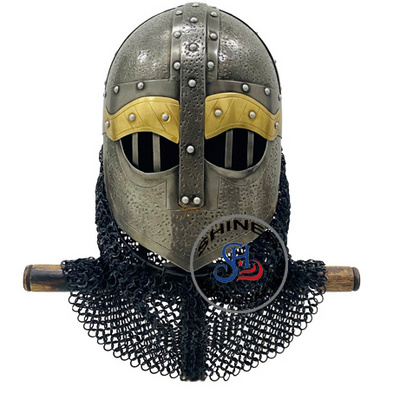 Medieval Viking Helmet 18 Gage Steel Vendel Chain Mail Viking Armor Helmet Antique Black Finish Face Helmet Costume