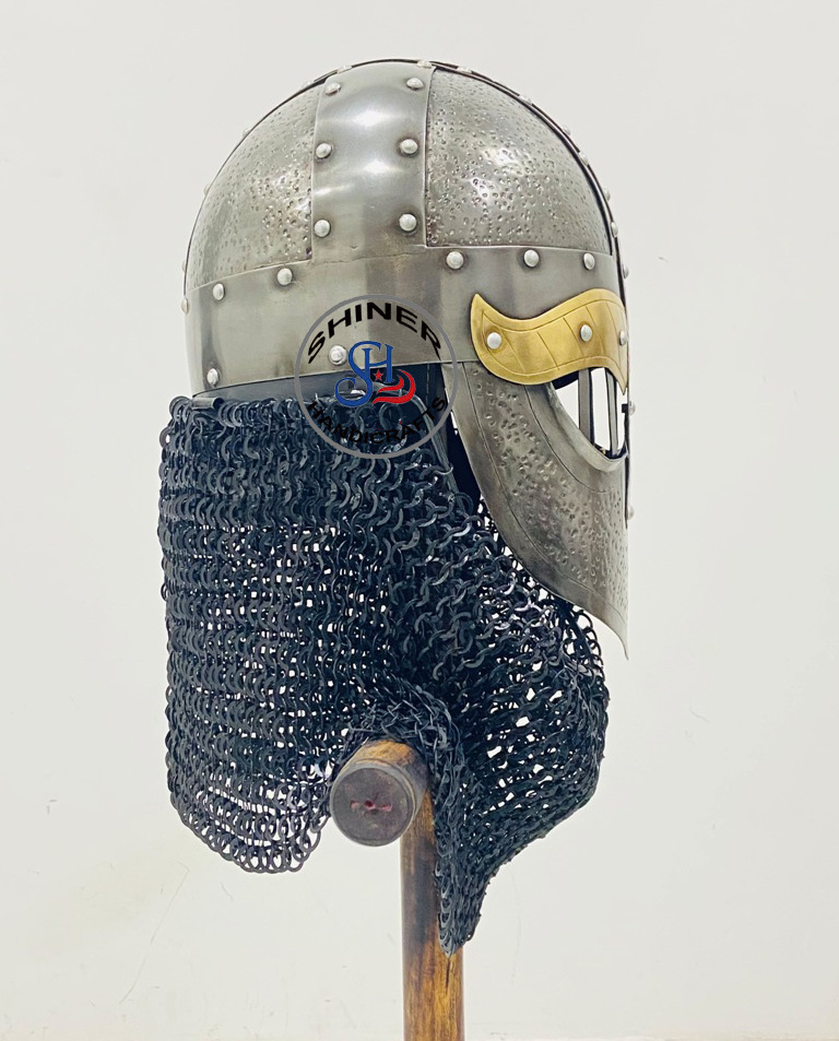 Medieval Viking Helmet 18 Gage Steel Vendel Chain Mail Viking Armor Helmet Antique Black Finish Face Helmet Costume