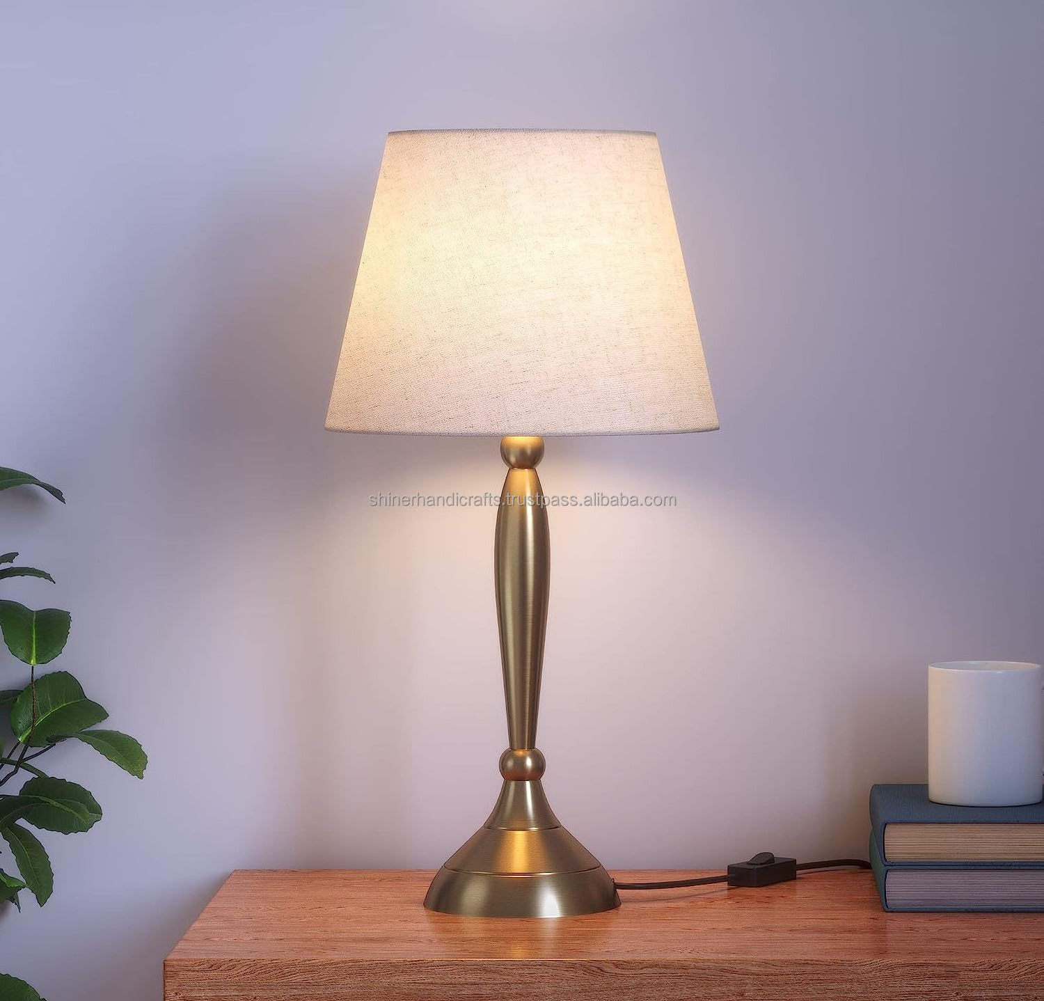 Table Lamp Brass Antique finish 19 inches Height with White 10 inches Diameter Lampshade Aluminum Metal Bedside Table Light Lamp