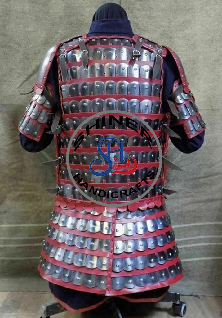 Medieval Japanese Samurai Red Leather Warrior Jacket Armor Historical for Armor Body Costume Silver Polish