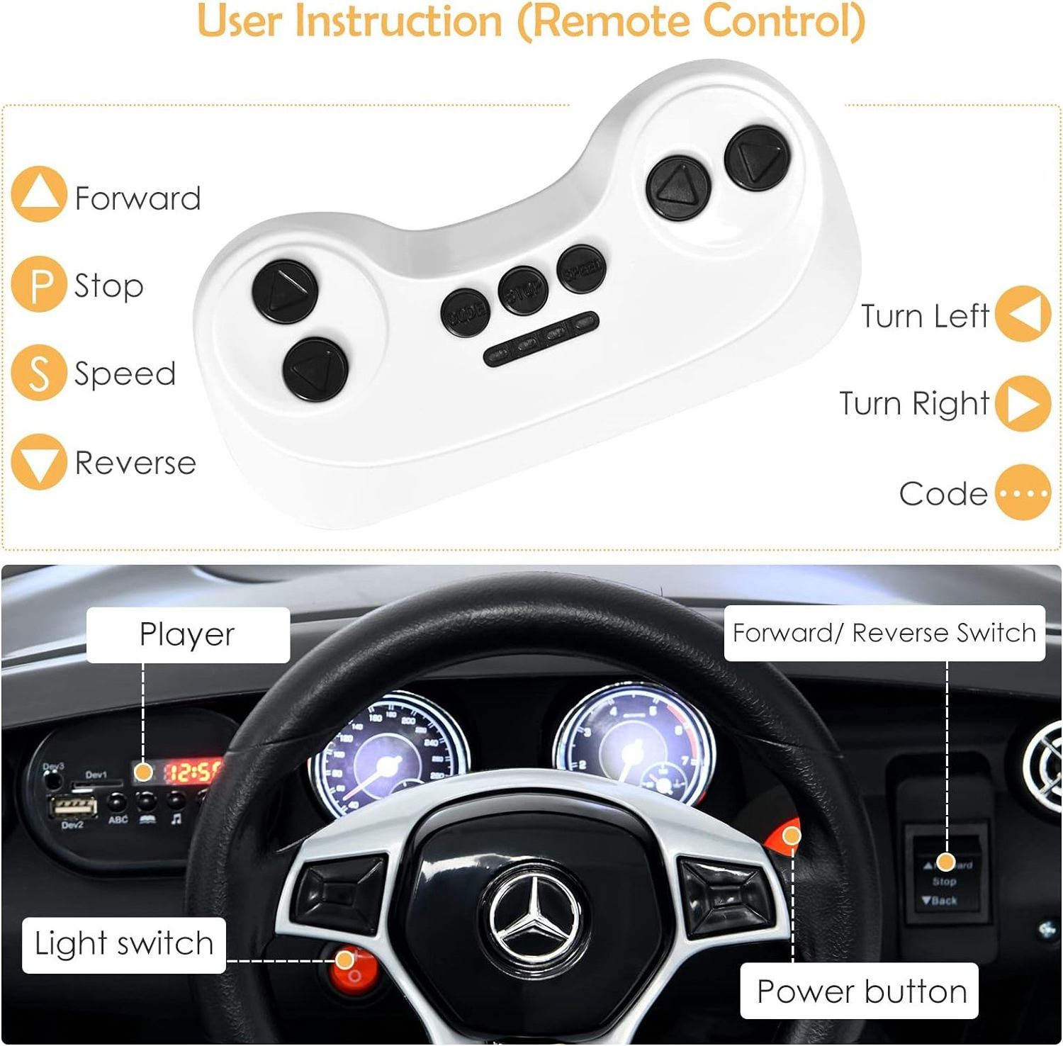 LICESED GLA45 toy car with remote control, mp3 plug, usb ,2 speeds, Led light, battery powered vehicle for toddler children