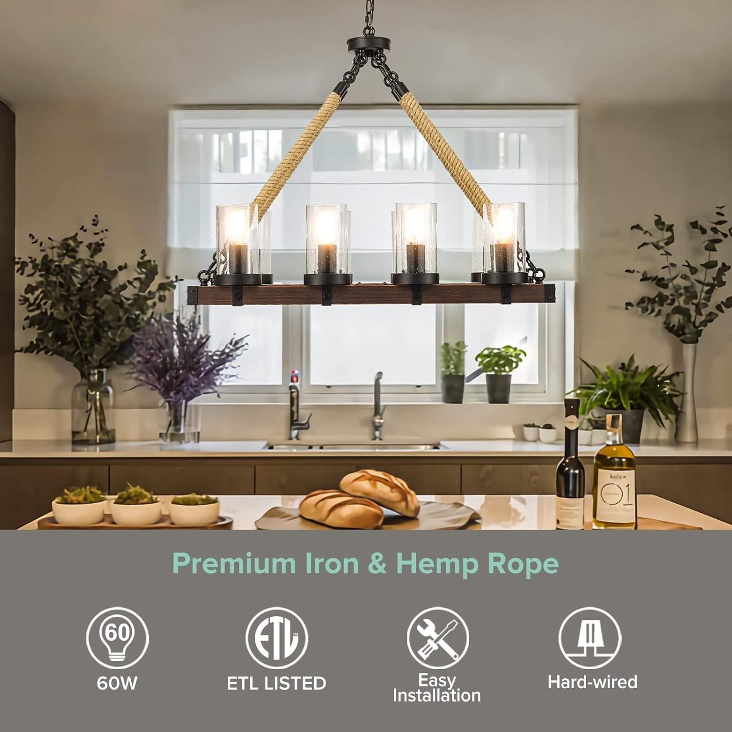 Popular Chandelier Light With Sturdy Hemp Rope Durable Special Adjustable Wood Pendant Light