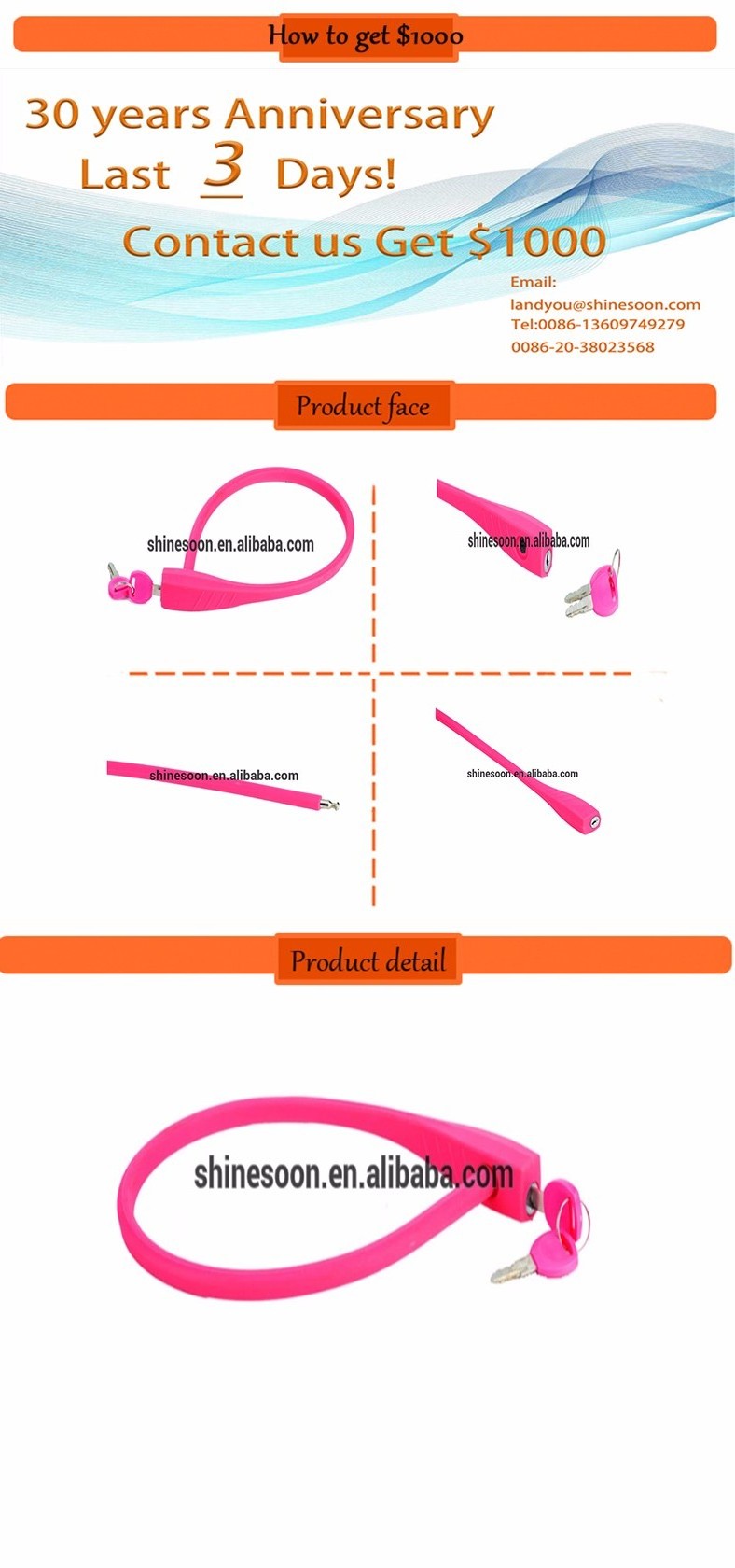 New Pink silicone bicycle cable lock steel security keys bike lock