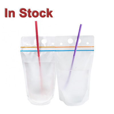 In stock and custom translucent reclosable hand held zipper plastic drinking bags clear juice drink pouches with straw hole