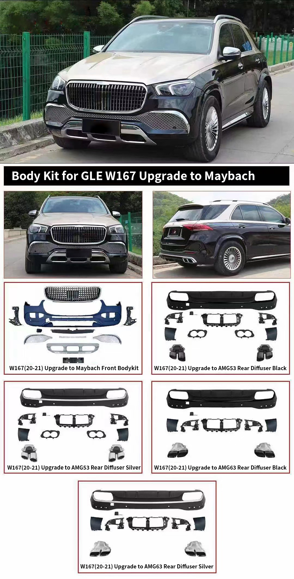 Full Set Car Facelift Front Grille Bumper W167 Bodykit Body Kit for Mercedes Benz GLE W167 Upgrade to Maybach AMG 63 2020 2021