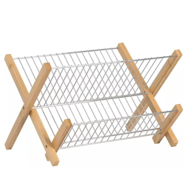 Foldable Kitchen Bamboo Wood Over The Sink Stainless Steel Dish Drying Drainer Rack With Cutlery Holder Tray