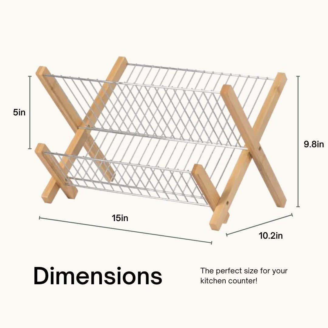 Foldable Kitchen Bamboo Wood Over The Sink Stainless Steel Dish Drying Drainer Rack With Cutlery Holder Tray