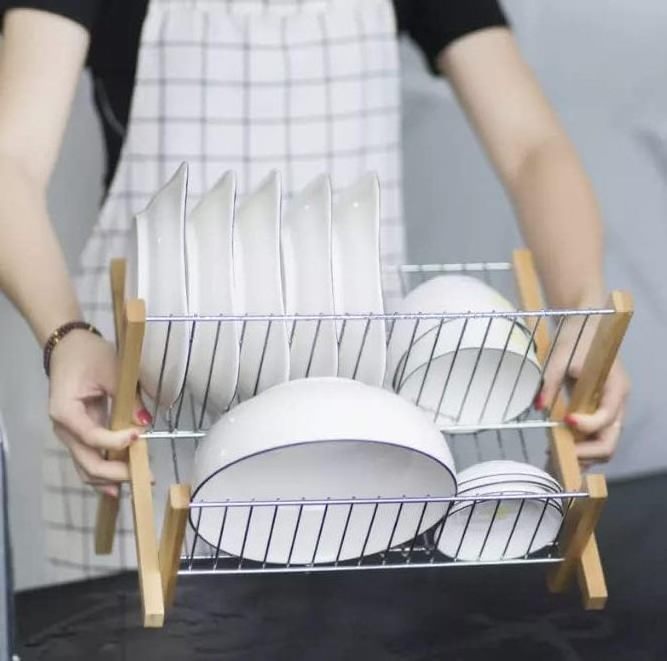 Foldable Kitchen Bamboo Wood Over The Sink Stainless Steel Dish Drying Drainer Rack With Cutlery Holder Tray