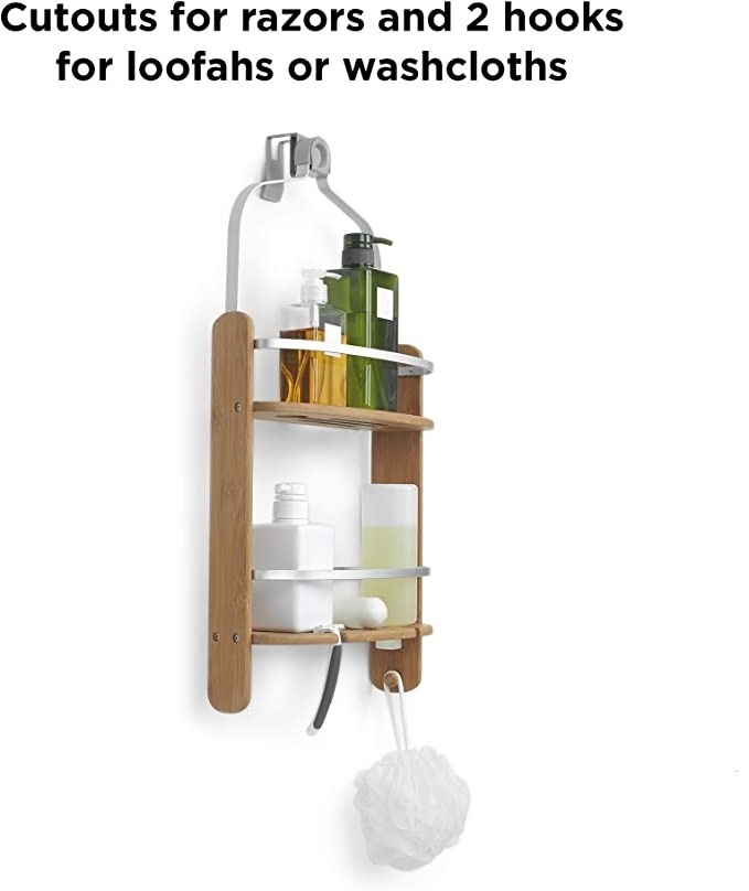 Drill Free Powerful Wall Mounted Bamboo Shower Caddy Vacuum Suction Cup Bathroom Storage Shelves