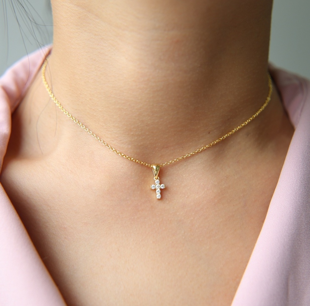 2022 gold jewelry pave 5A bling zirconia cross pendant 925 sterling silver necklace