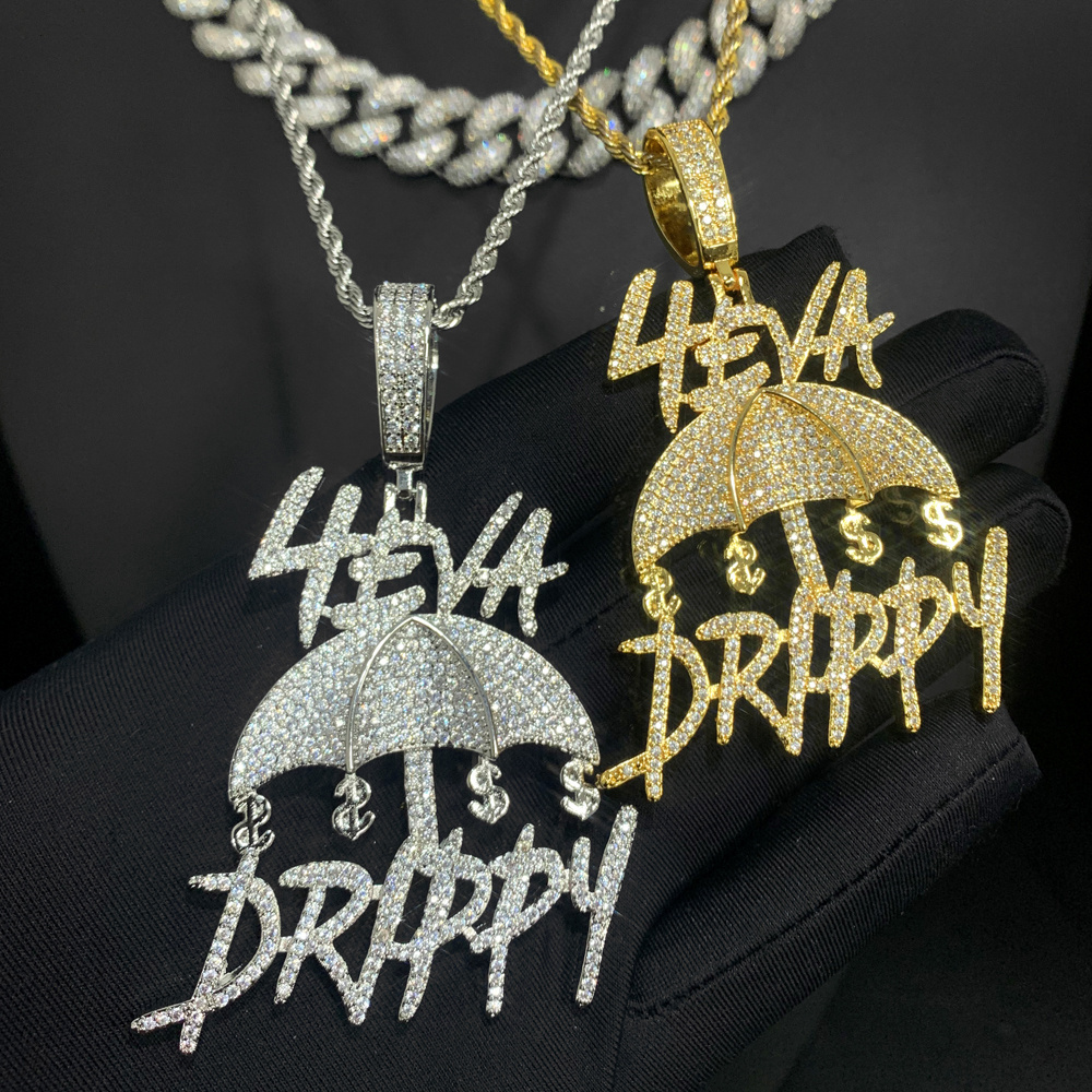 Full Paved CZ Letter Forever Drippy Umbrella Dollars Pendant Necklace 5A Cubic Zirconia Bling Iced Out Hip Hop Men Boy Jewelry