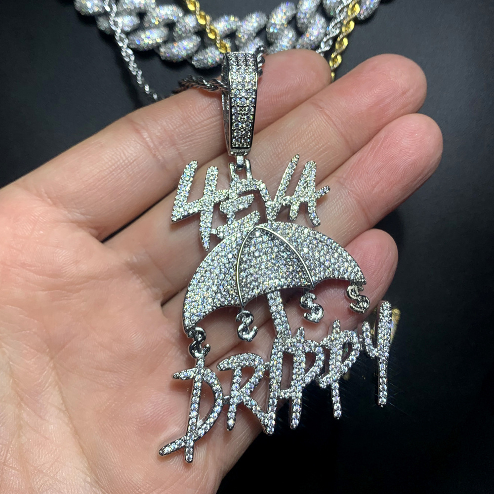 Full Paved CZ Letter Forever Drippy Umbrella Dollars Pendant Necklace 5A Cubic Zirconia Bling Iced Out Hip Hop Men Boy Jewelry