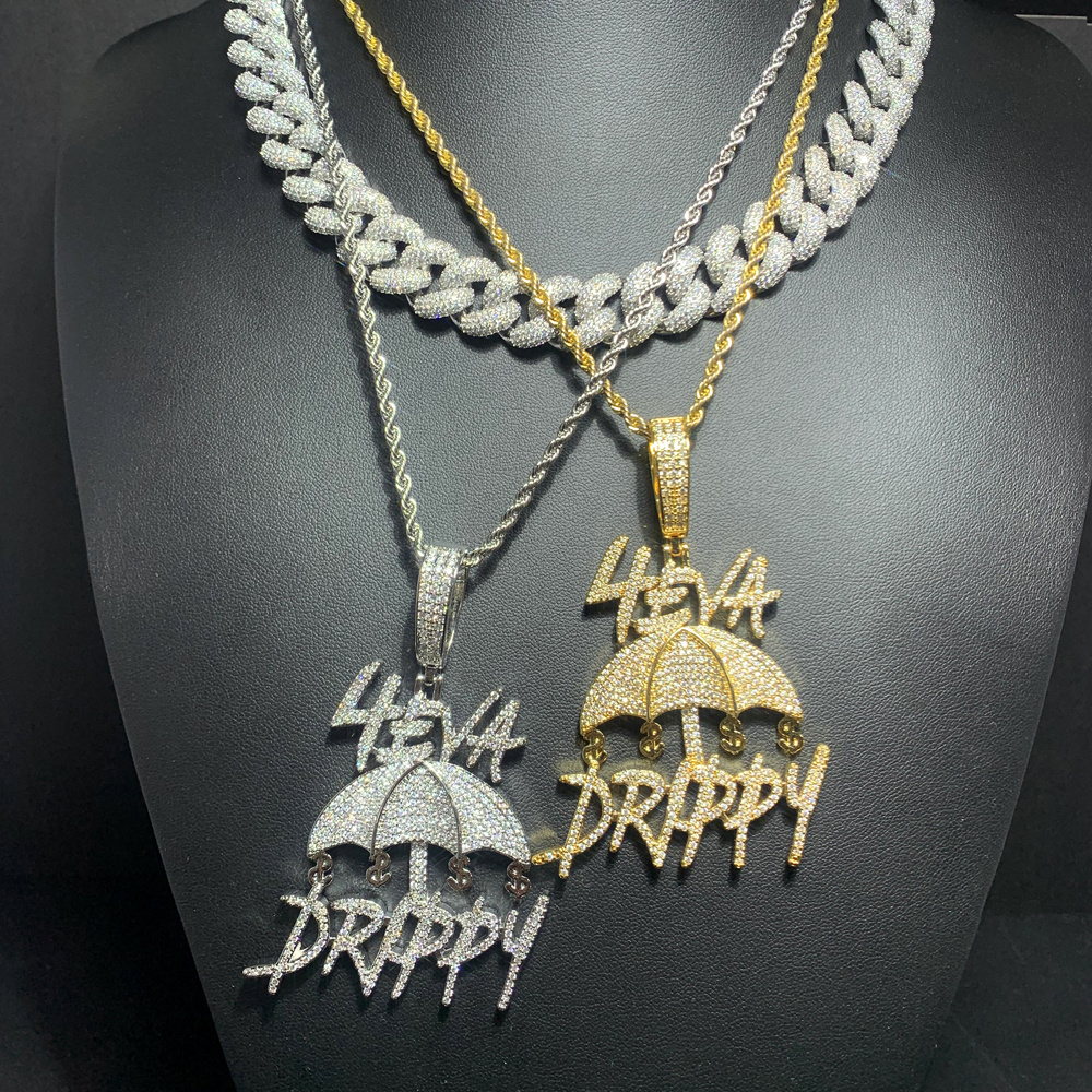 Full Paved CZ Letter Forever Drippy Umbrella Dollars Pendant Necklace 5A Cubic Zirconia Bling Iced Out Hip Hop Men Boy Jewelry