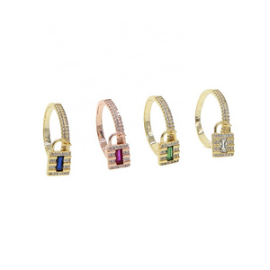 Bling Gold Plated Women Fashion Finger Jewelry Micro Pave Colorful CZ Lock Charm Ring