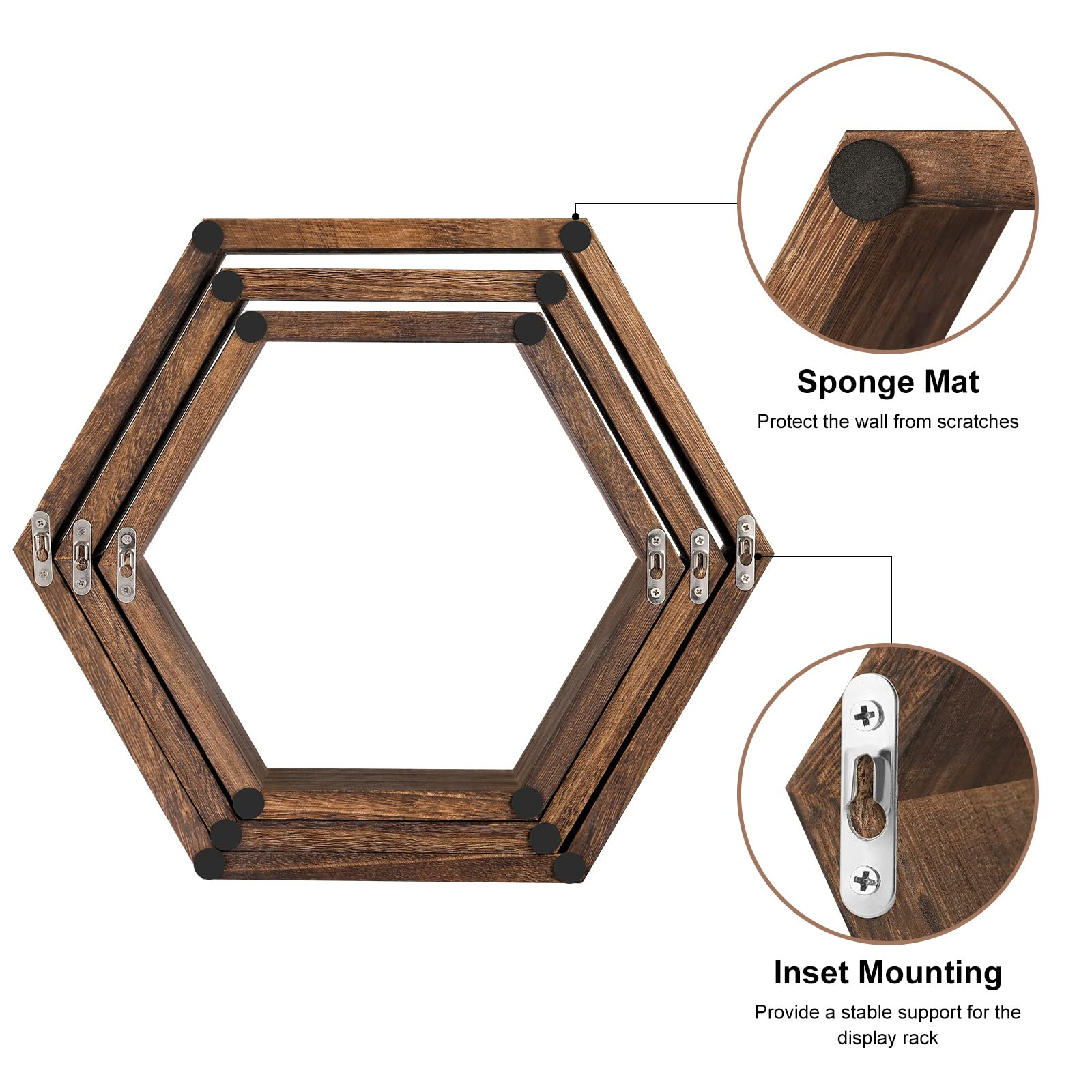 Unique natural wood hexagonal decorative floating wall shelves, bedroom storage shelves, put a potted photo frame