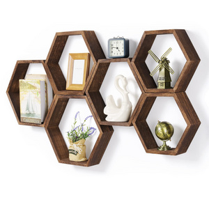 Unique natural wood hexagonal decorative floating wall shelves, bedroom storage shelves, put a potted photo frame