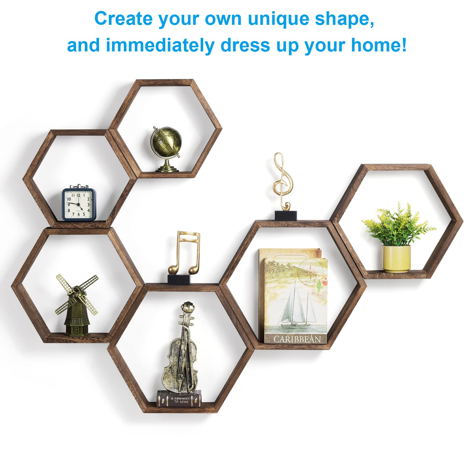 Unique natural wood hexagonal decorative floating wall shelves, bedroom storage shelves, put a potted photo frame