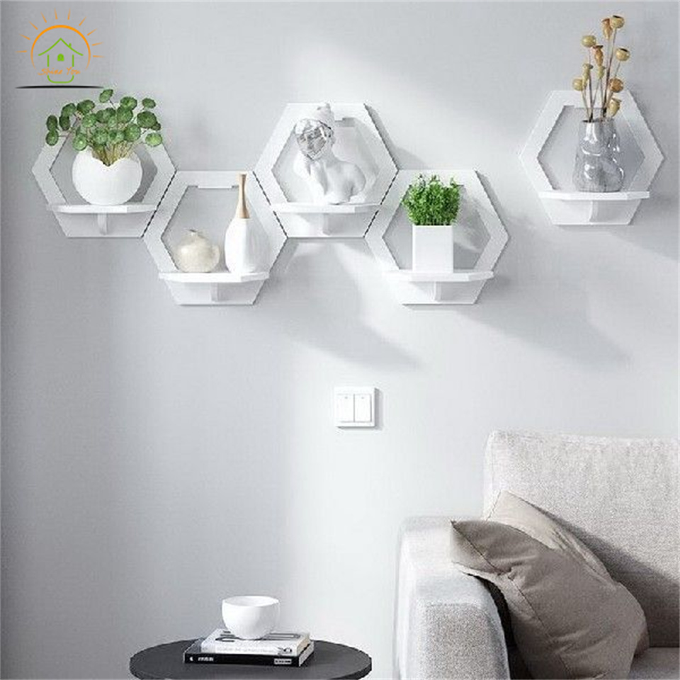 Custom Hexagon Home Storage Rack Wall Mounted Shelf TV Background Hanger Bedroom Balcony Bedside Flower Pot Stand Shelves