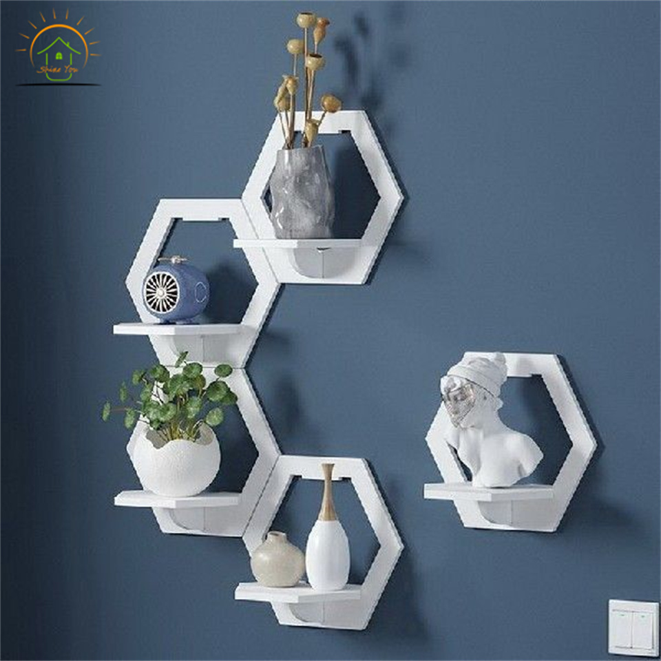 Custom Hexagon Home Storage Rack Wall Mounted Shelf TV Background Hanger Bedroom Balcony Bedside Flower Pot Stand Shelves