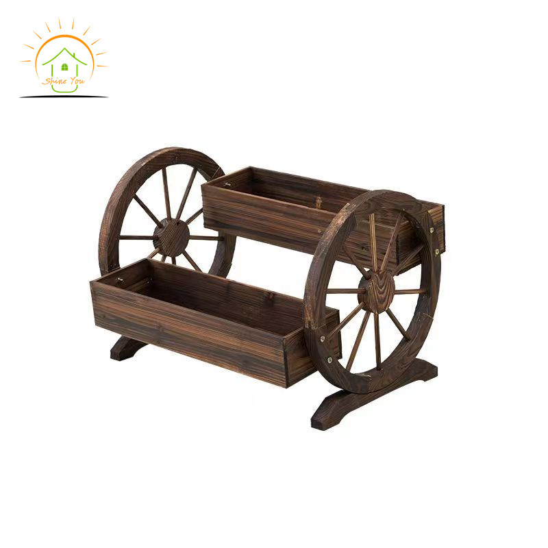 Outdoor balcony Flower Planter Carts Antique Cedar Wood Garden Patio Planter Stand With Wheels