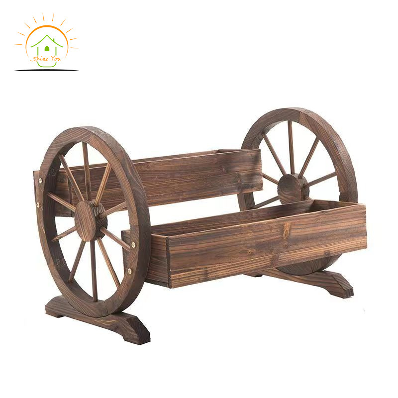 Outdoor balcony Flower Planter Carts Antique Cedar Wood Garden Patio Planter Stand With Wheels