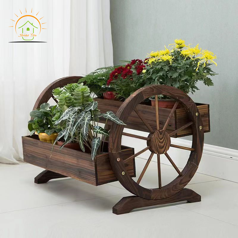 Outdoor balcony Flower Planter Carts Antique Cedar Wood Garden Patio Planter Stand With Wheels