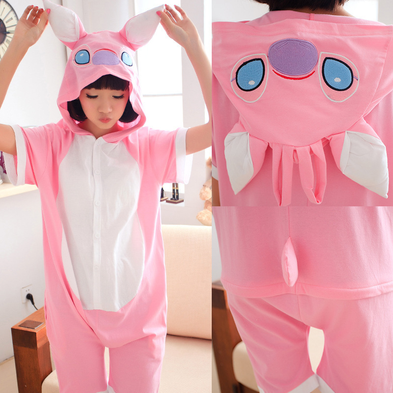 Wholesale Panda Stitch Kigurumi Onesie Adult Women Animal Pajamas Summer Short Sleeve Hooded Sleepwear Soft Pijama Cosplay