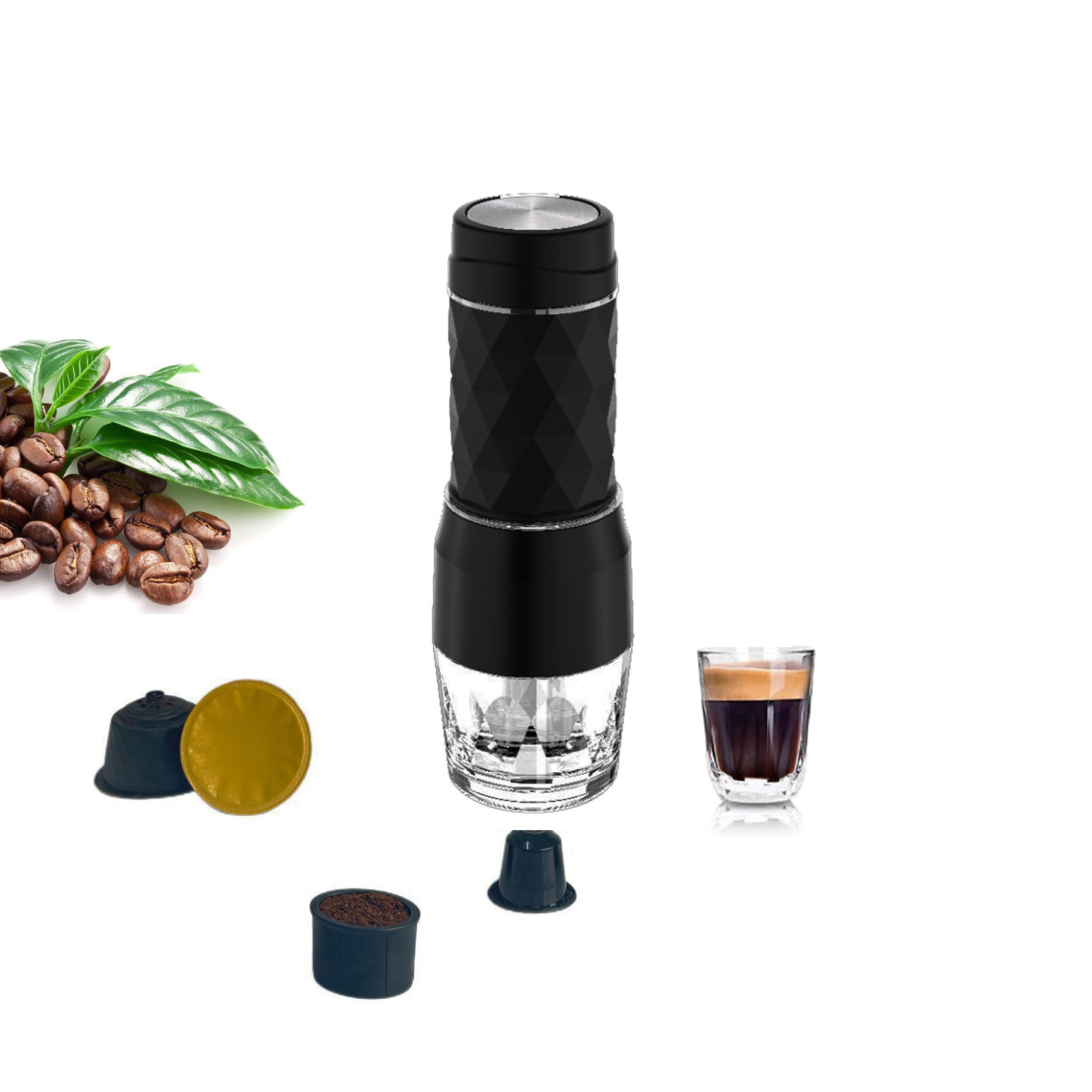 Press coffee maker, portable coffee maker, manual coffee maker for coffee capsules and coffee powder