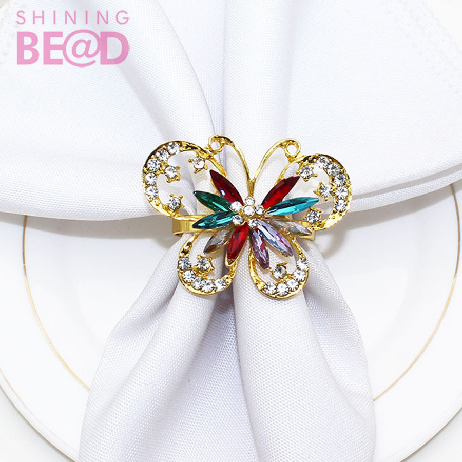 European Style Butterfly Napkin Ring Crystal Napkin Buckle Holder Gold and Silver Wedding HolidayTable Decoration