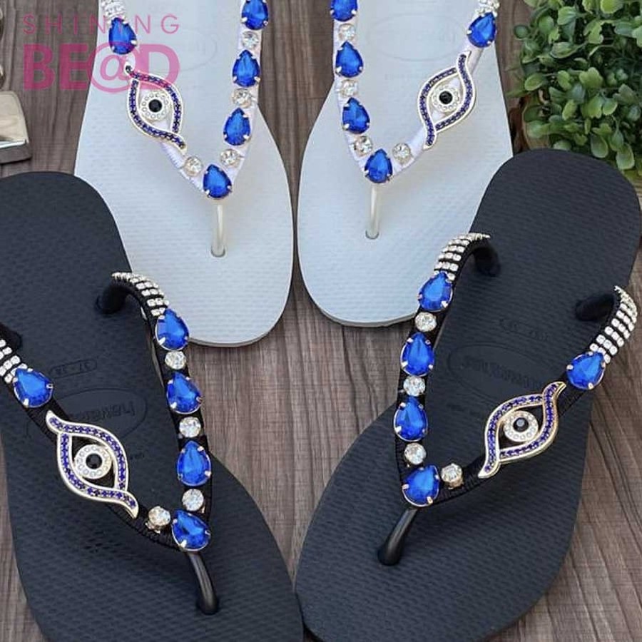 Hot sale blue evil eye rhinestone ornament slipper accessories buckle sandal chain for women flip flop shoe crystal chain