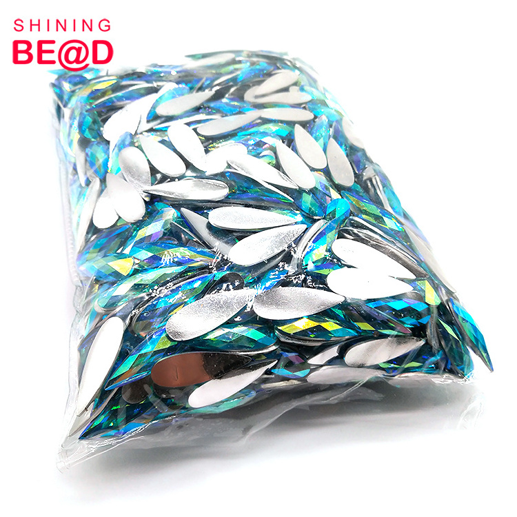 Wholesale Shiny Bulk 10*30 mm Blue AB Teardrop Flat Back Glue On Non Hot Fix Resin Rhinestones For DIY Garments Home Decoration