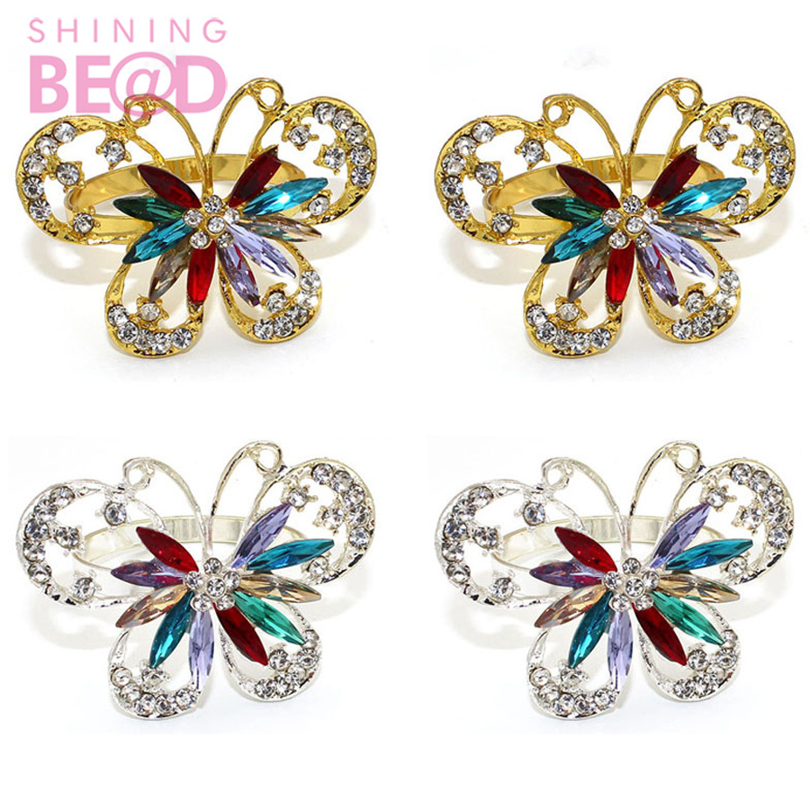 European Style Butterfly Napkin Ring Crystal Napkin Buckle Holder Gold and Silver Wedding HolidayTable Decoration