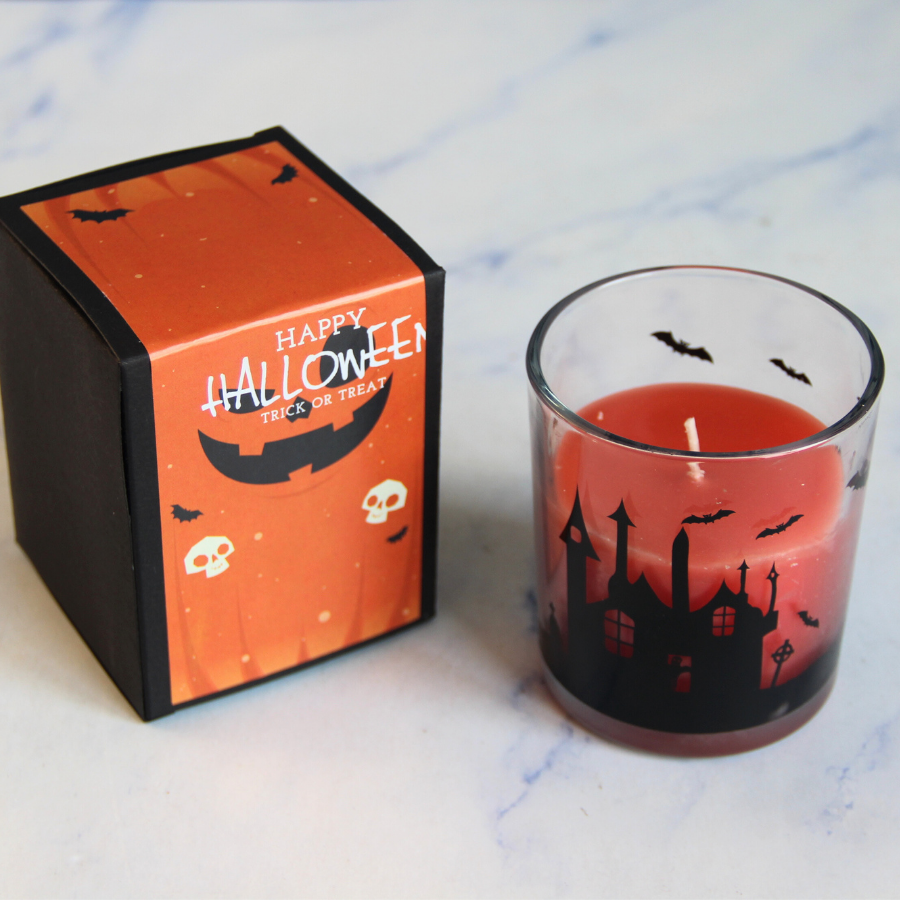 Custom Autumn Scented Candles Pumpkin Spice Frosted Glass Handmade trick Or Treat Halloween Scene Jar Candle