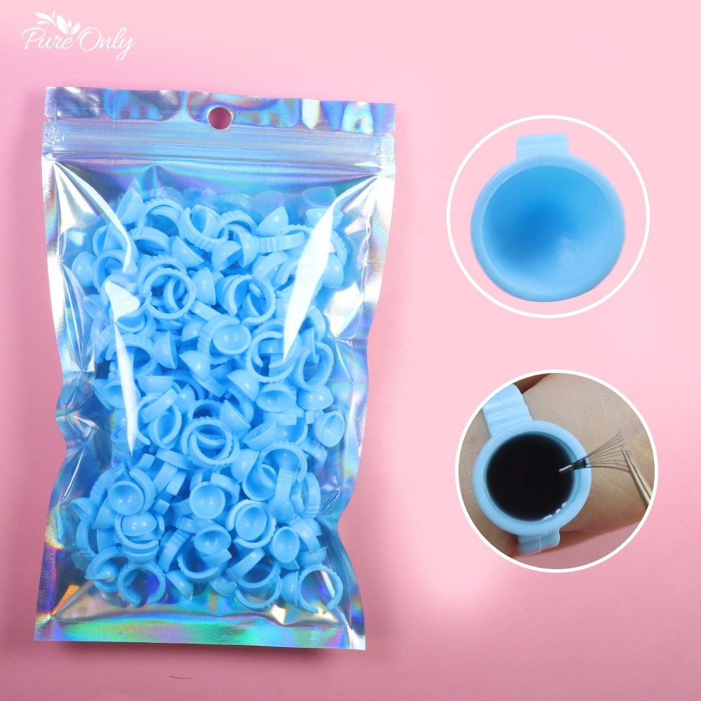 Custom Blue Flower Bloom Glue Ring 100Pcs/Pack Plastic Disposable Glue Rings Pink Volume Easy Fan Glue Ring