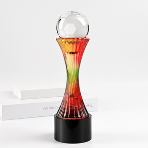 Shining customized colorful imitated  coloured glaze crystal award trophy with ball free logo engraving meeting gifts