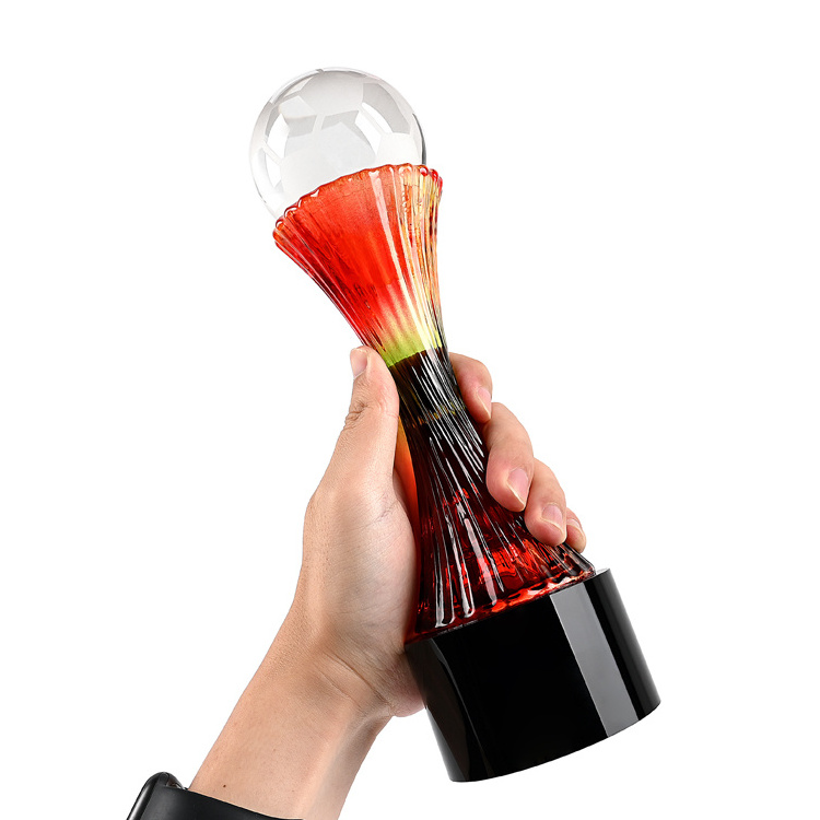 Shining customized colorful imitated  coloured glaze crystal award trophy with ball free logo engraving meeting gifts