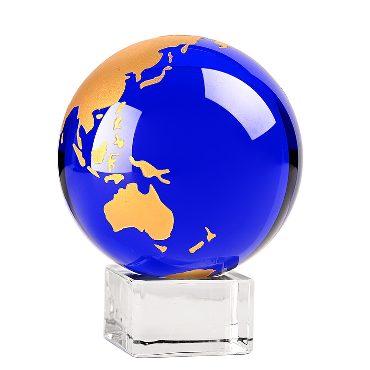 Shining New Arrival Custom blue  Crystal Globes World Crystal World Globe On Cube Base