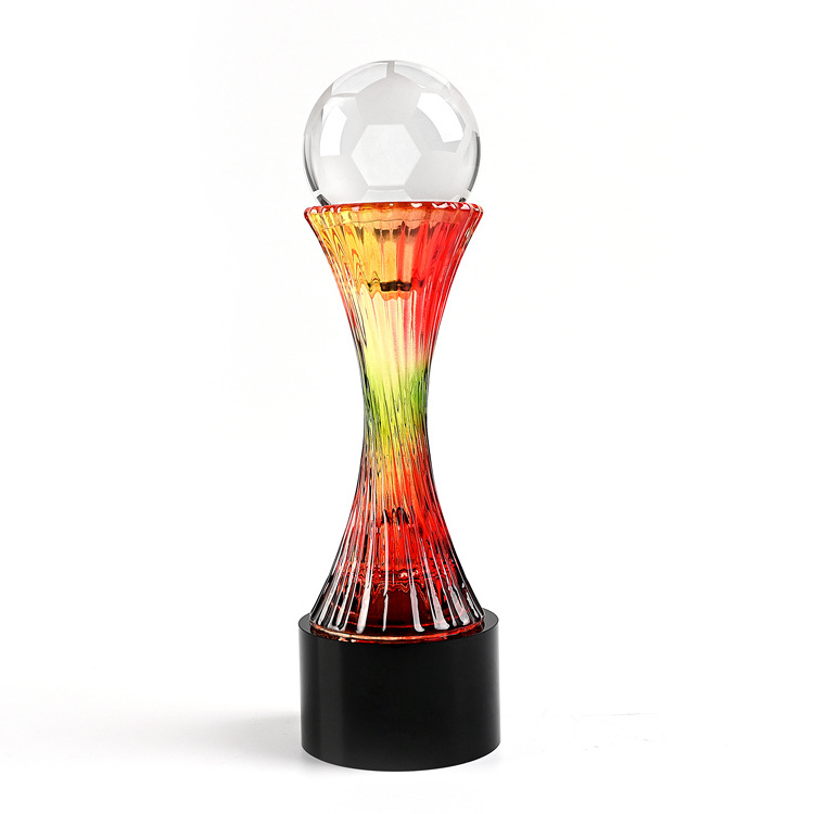 Shining customized colorful imitated  coloured glaze crystal award trophy with ball free logo engraving meeting gifts