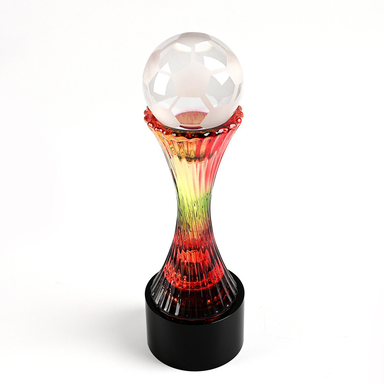 Shining customized colorful imitated  coloured glaze crystal award trophy with ball free logo engraving meeting gifts