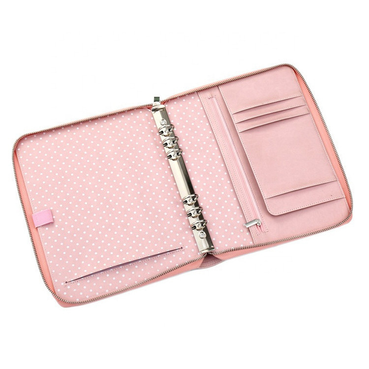 A5 Business Zippered Vegan Leather Padfolio Bag Office 6 Ring Binder Pink File Folder Portfolio Supplies