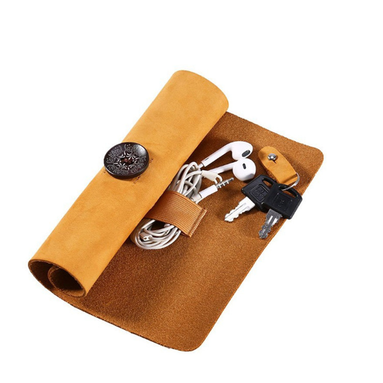 Roll Vegan Leather Multi-functional Data Cable Storage Holder Portable Charging Cables Storage Cases with Leather Tie