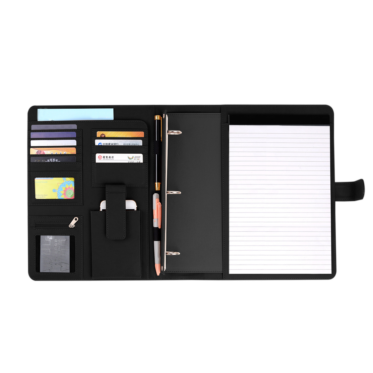 A4 Leather Portfolio Holder 3-Ring File Document Case with Removable Binder Clipboard Multi Pockets Legal Pad Business Organizer