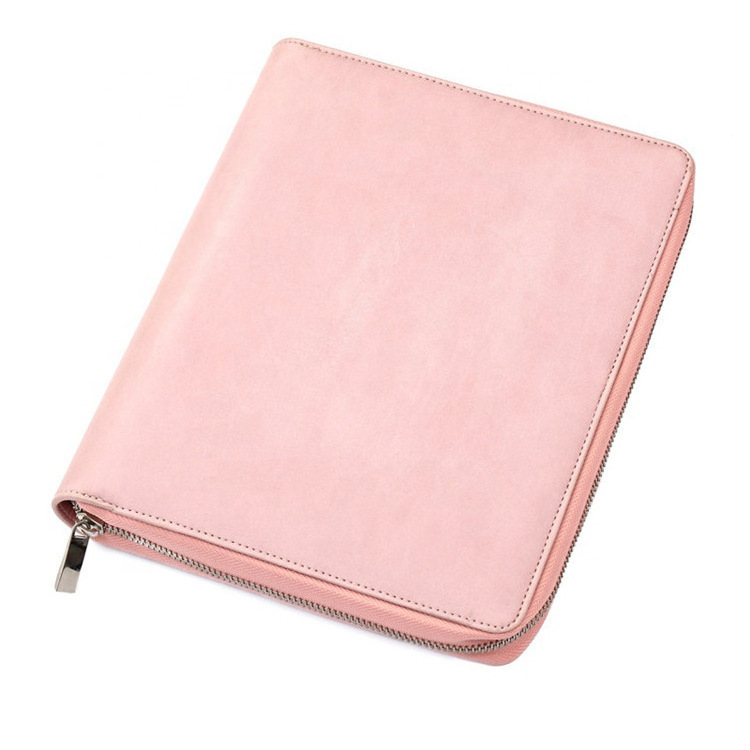 A5 Business Zippered Vegan Leather Padfolio Bag Office 6 Ring Binder Pink File Folder Portfolio Supplies