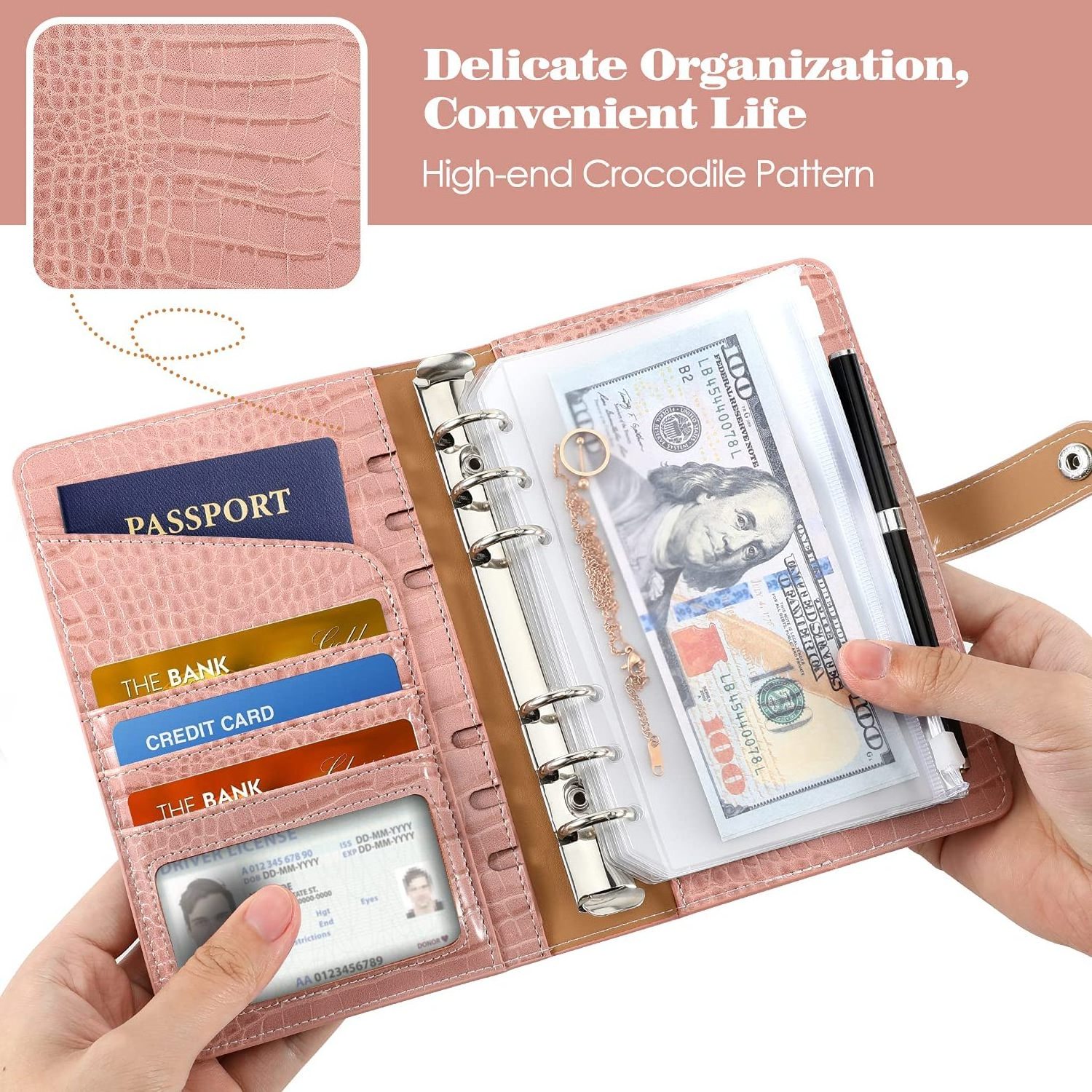 Pink Crocodile Pattern Budget Binder with Zipper Envelopes A6 Binder Notebook PU Leather Money Organizer