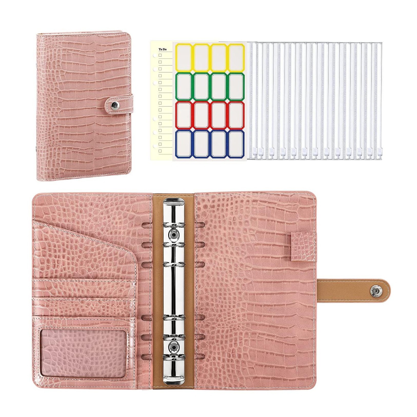 Pink Crocodile Pattern Budget Binder with Zipper Envelopes A6 Binder Notebook PU Leather Money Organizer