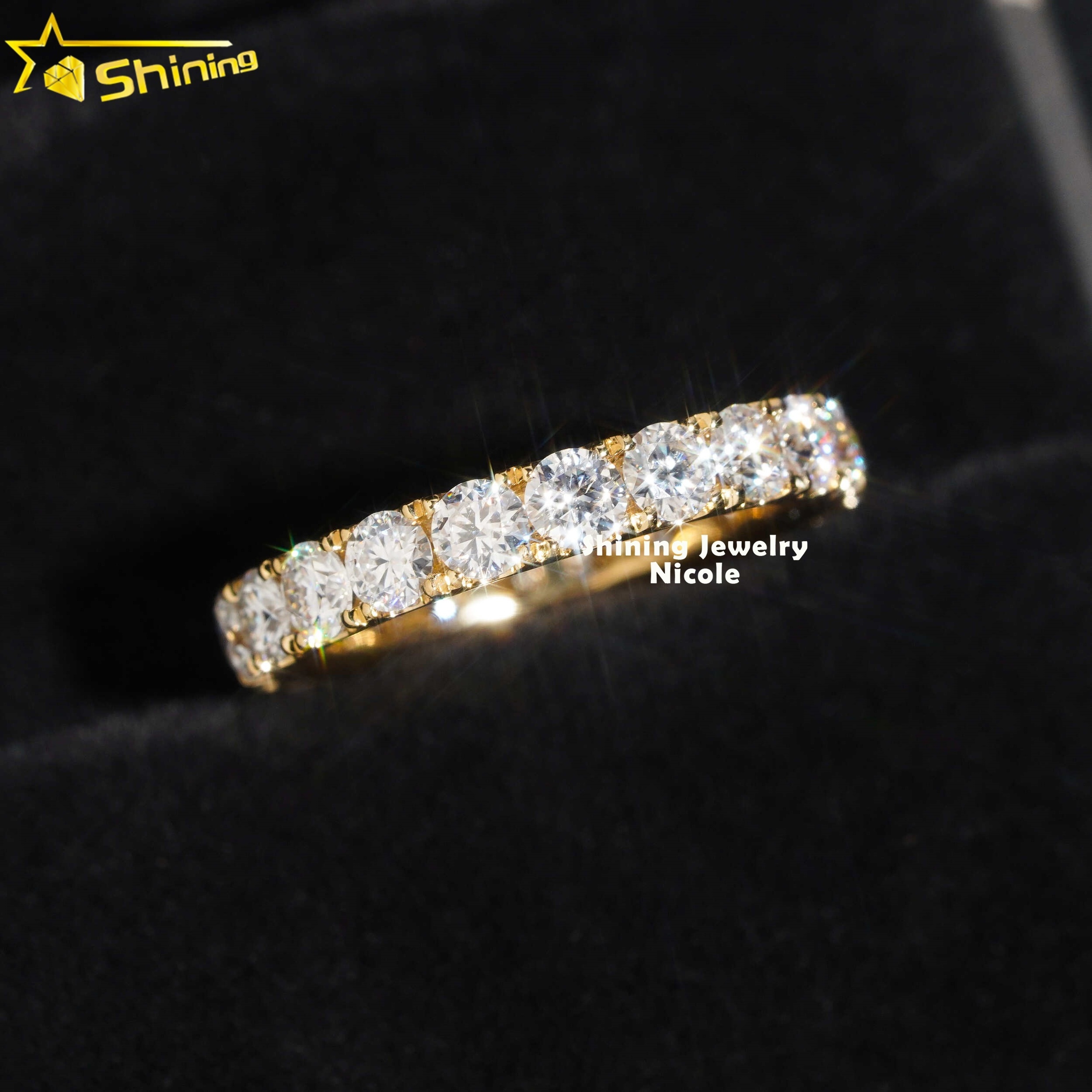 Hot Sale Pass Diamond Tester 3MM Eternity Band 18k Solid Yellow Gold Engagement Moissanite Diamond Ring