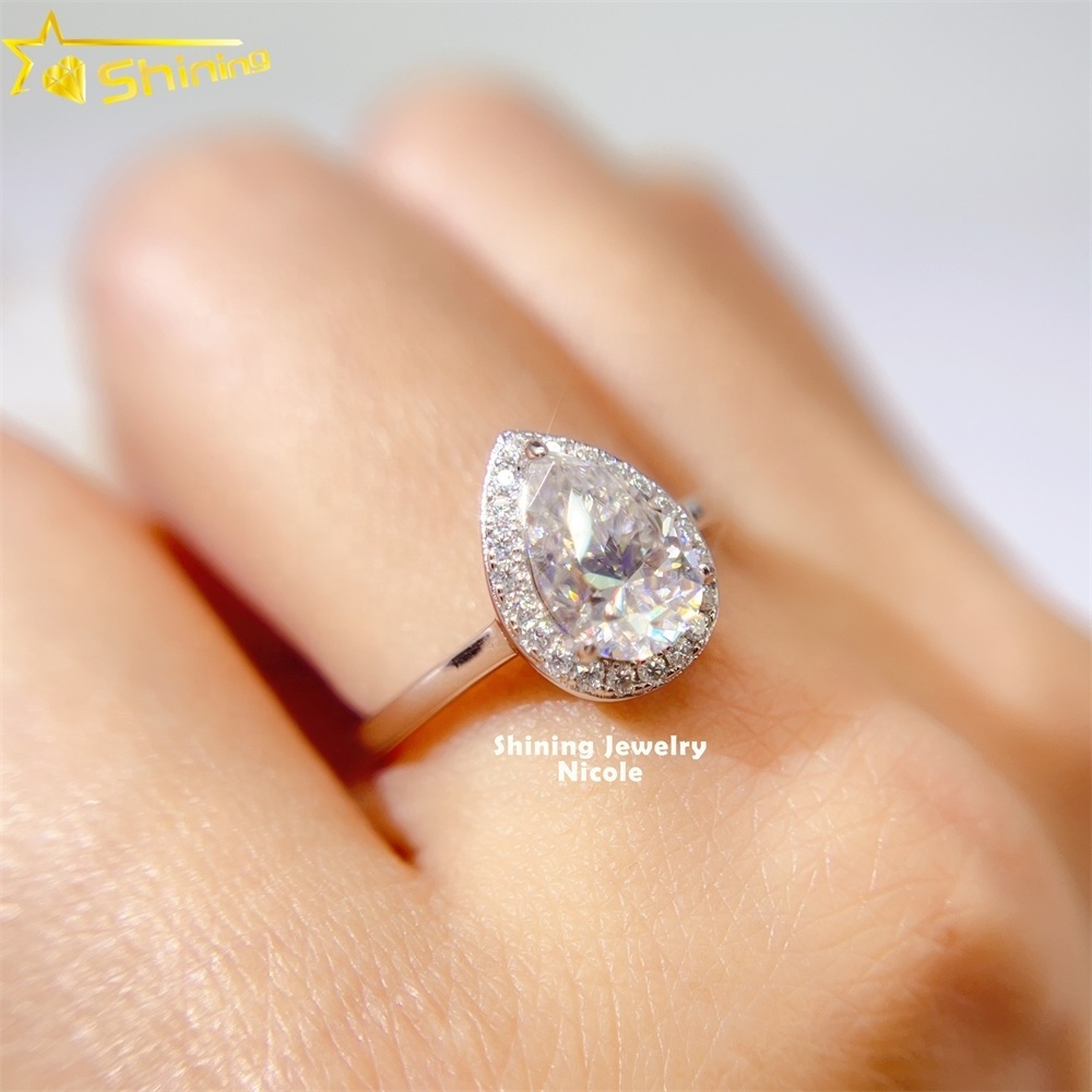 Drop shipping fashion popular halo pear cut 1.5 carat moissanite 925 silver engagement ring