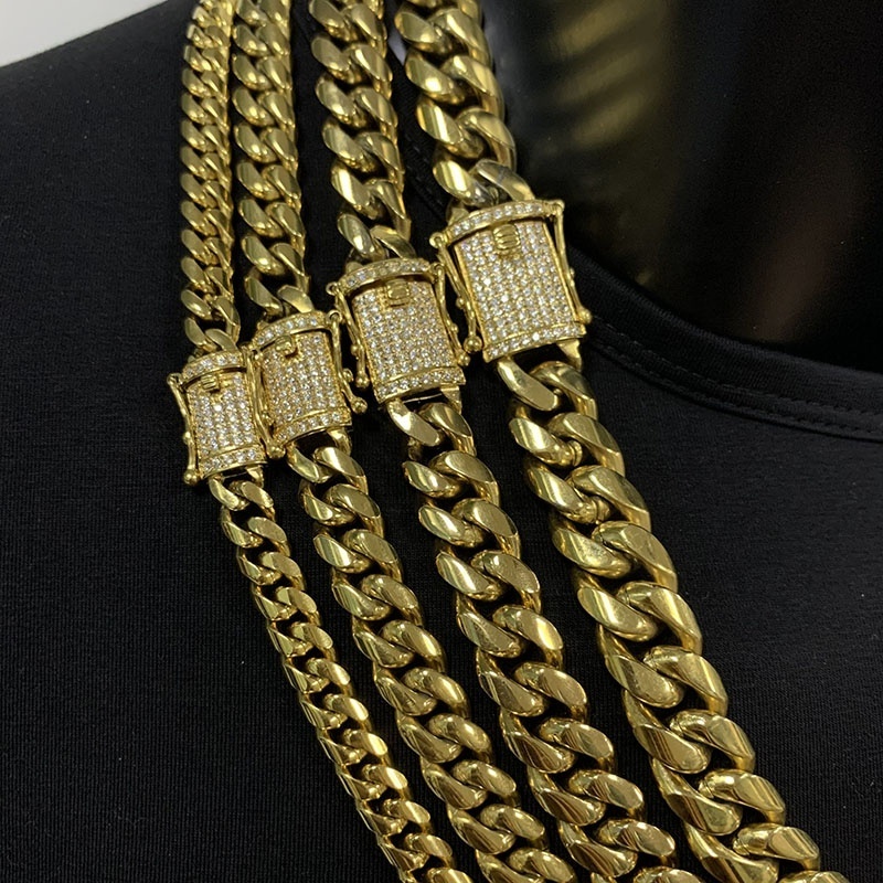 8MM 10MM 12MM 14MM Mens Hip Hop Cuban Necklace Thick Heavy PVD Gold Plated Stainless Steel Cuban Link Chain