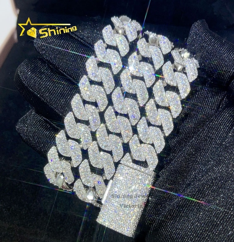 13MM 15MM Solid Silver Iced Out Buss Down Hip Hop Men Rapper Chain Iced Out Moissanite Cuban Link Chain