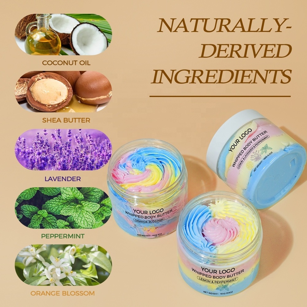 Custom Luxury Colorful Skin Whitening Moisturizing Soothe Natural Fruit Whipped Shea Body Butter Cream